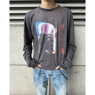 摇滚舞台MJ印花长袖 T恤做旧破洞砂洗黑灰褪色纯棉短宽朋克boxy