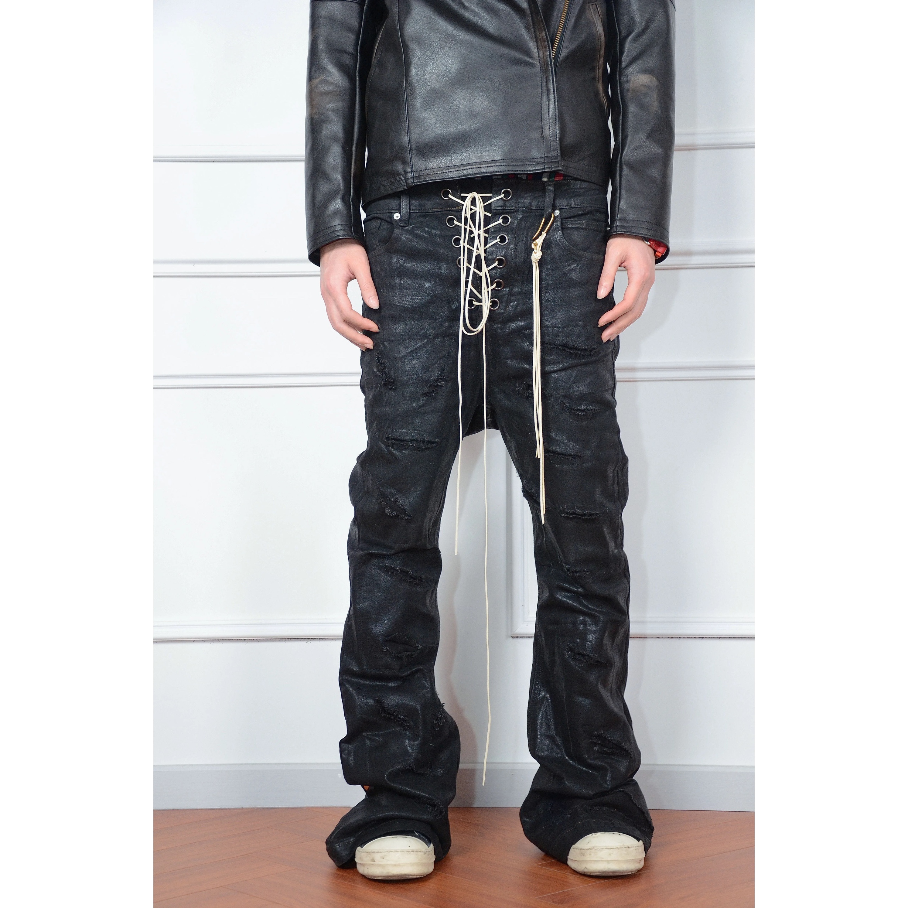 PunkFK抽绳蜡面喇叭牛仔裤