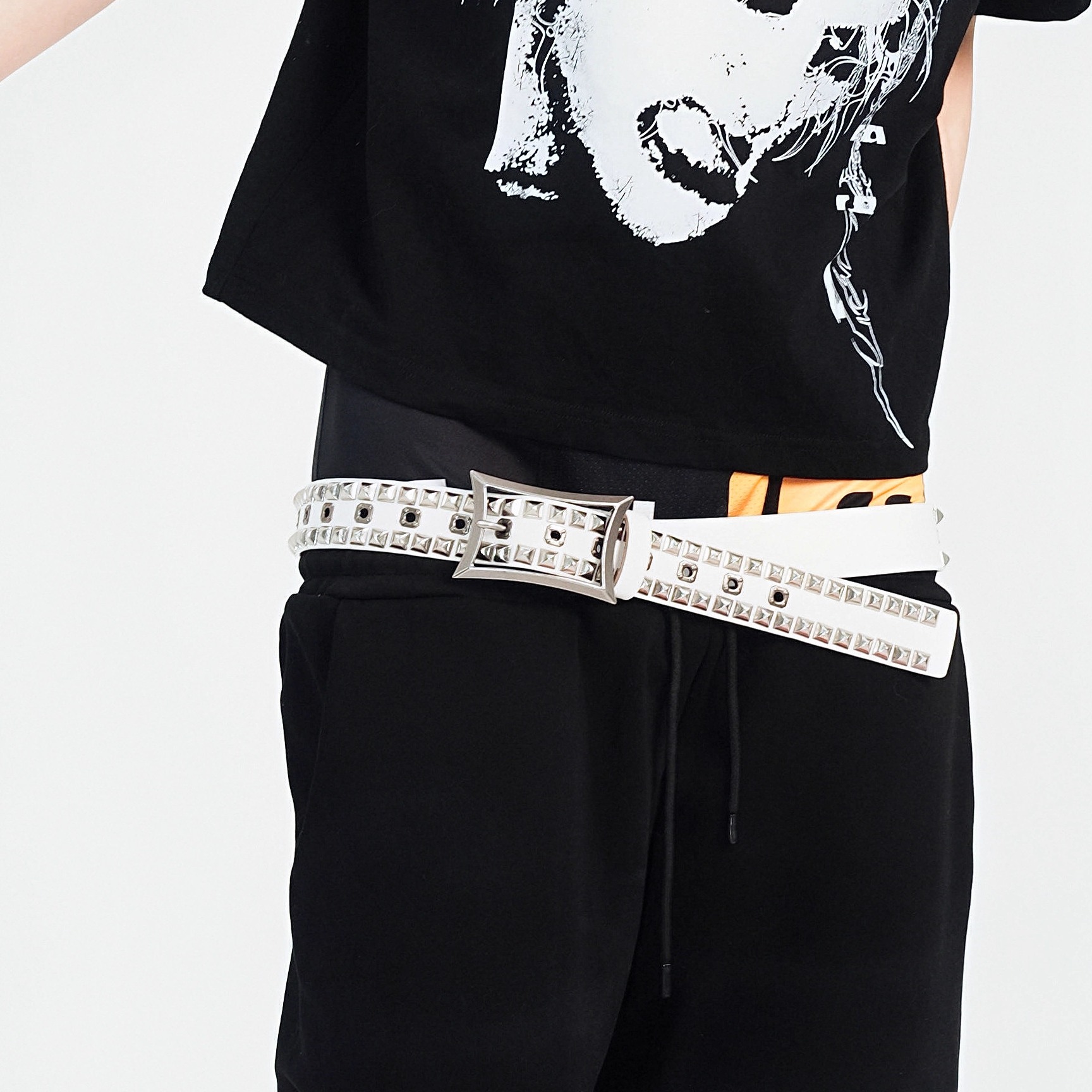 PunkFK白色牛皮铆钉单针扣皮带