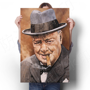 丘吉尔抽雪茄画像海报休息室装饰画书房挂画爵士酒吧咖啡屋墙贴画