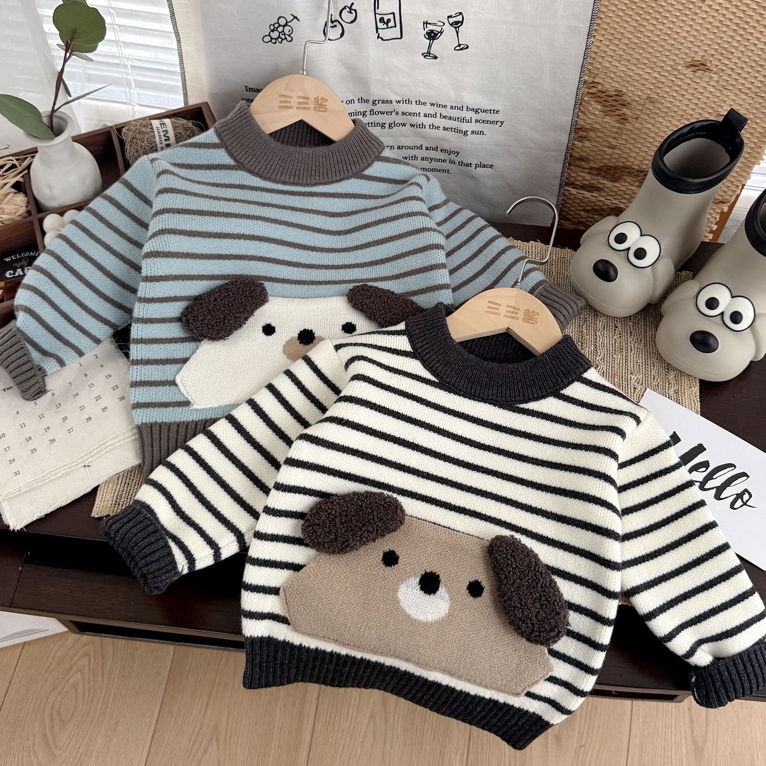 小童卡通耳朵插袋条纹加厚毛衣