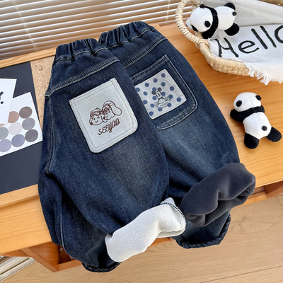 小童一体绒全棉卡通口袋牛仔裤