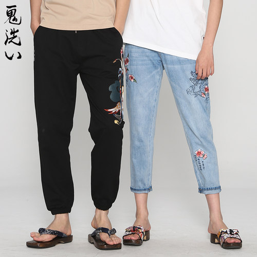 ONIARAI泥棒女款樱龙绣花牛仔裤