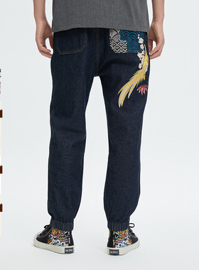 ONIARAI/鬼洗24新秋冬泥棒蓝金凤凰刺绣束脚男式牛仔裤  24N7401