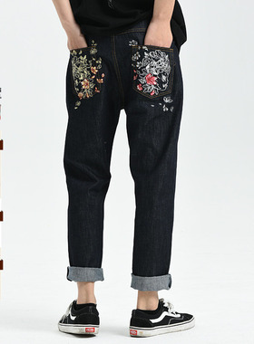 oniarai鬼洗 地藏游樱记刺绣时尚潮流直筒原色牛仔长裤男 20J4401