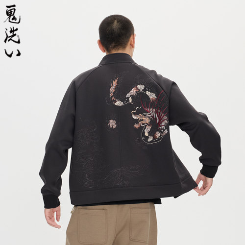 ONIARAI/鬼洗25秋冬泥棒蓝五运色玄龙刺绣开衫卫衣男式 N340233