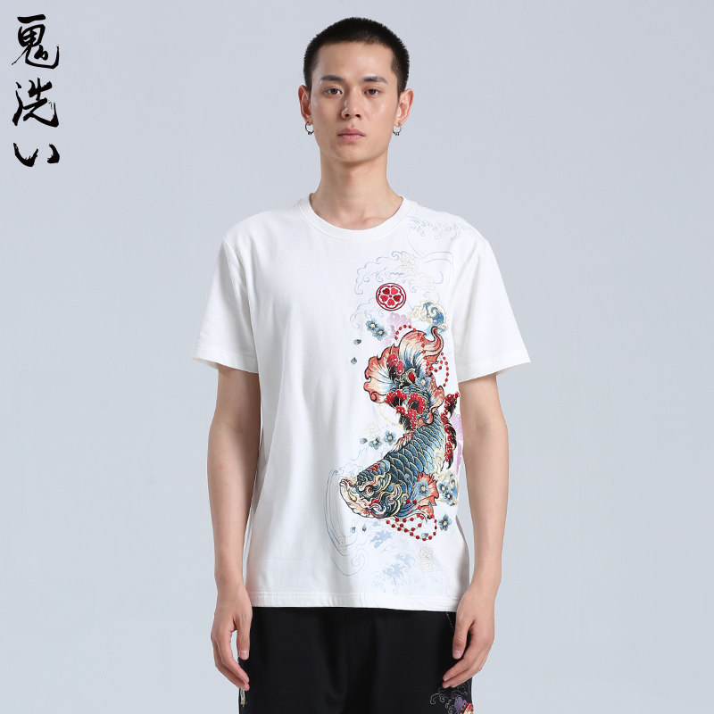 ONIARAI/鬼洗秋季宝石龙鱼印绣花男士圆领短袖T恤男 20NOB36