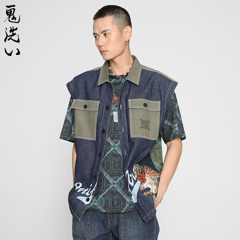 oniarai鬼洗春夏国潮竹系列印绣花男士工装马甲潮牌 B340115