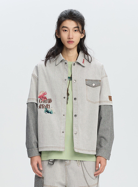 ONIARAI/鬼洗24年春夏新品假俩件金鱼字母复古牛仔衬衫男 B340181