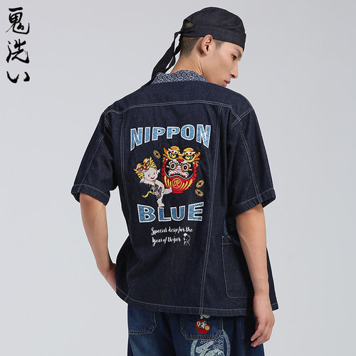 oniarai鬼洗丘比联名棒系列达摩虎印绣花男士牛仔道袍 N340096
