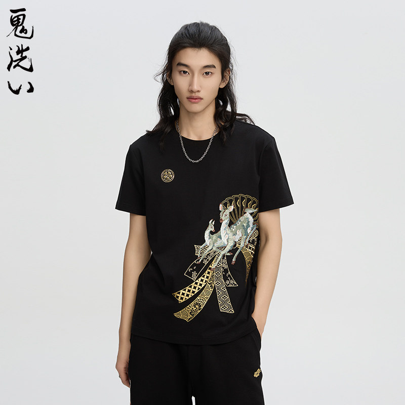ONIARAI/鬼洗24SS新品泥棒蓝风铃鹿绣花短袖男式宽松T恤 24NOB38