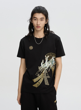 ONIARAI/鬼洗24SS新品泥棒蓝风铃鹿绣花短袖男式宽松T恤 24NOB38