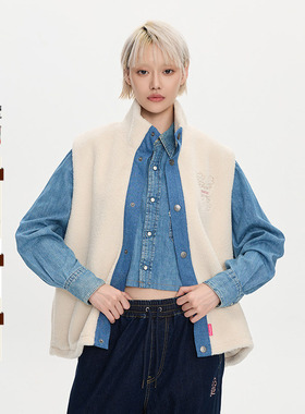 ONIARAI/鬼洗25秋冬新品女款花纹刺绣羊羔绒牛仔马甲 B340240