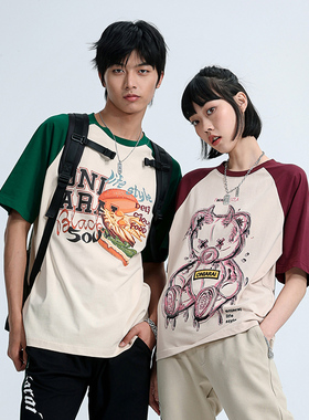 ONIARAI/鬼洗23新情侣复古印花贴钻插肩袖短袖T恤男女款 B840182