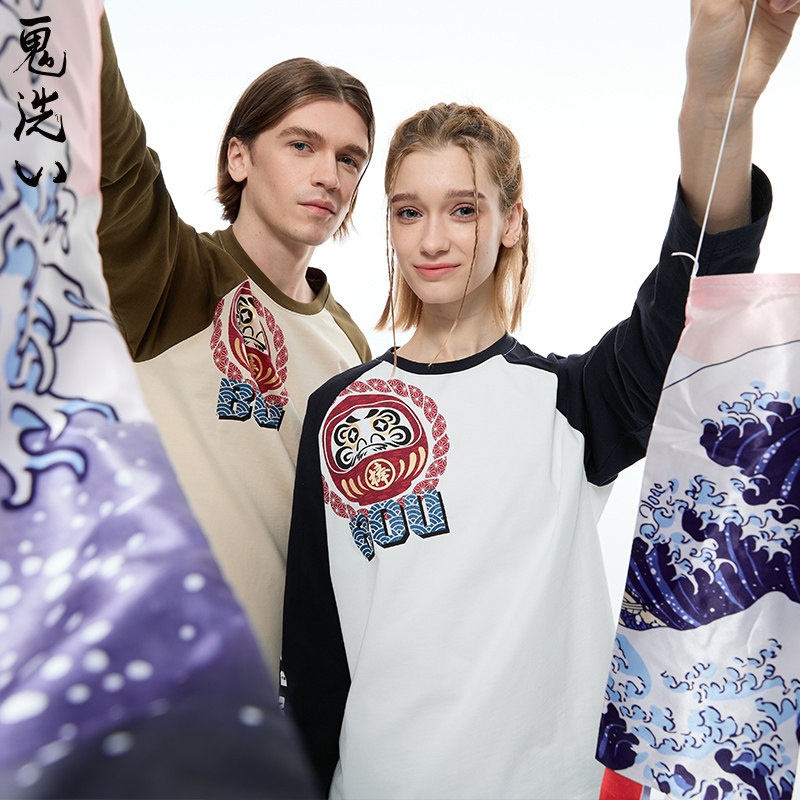 ONIARAI/鬼洗AW棒系列和柄纹样达摩撞色插肩长袖T恤情侣N240120