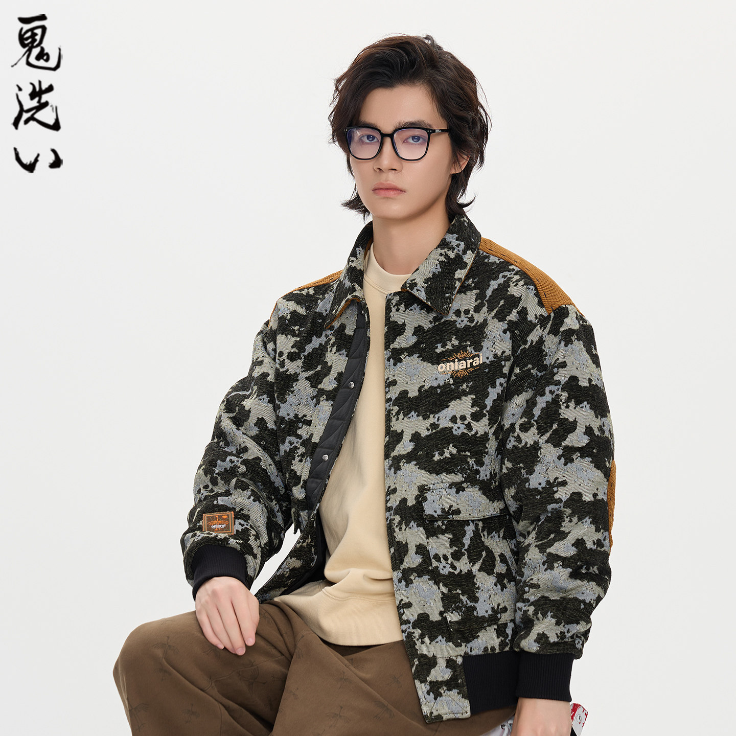 ONIARAI/鬼洗25秋冬黑标仿苔藓迷彩天鹅绒夹棉飞行夹克男 A340018
