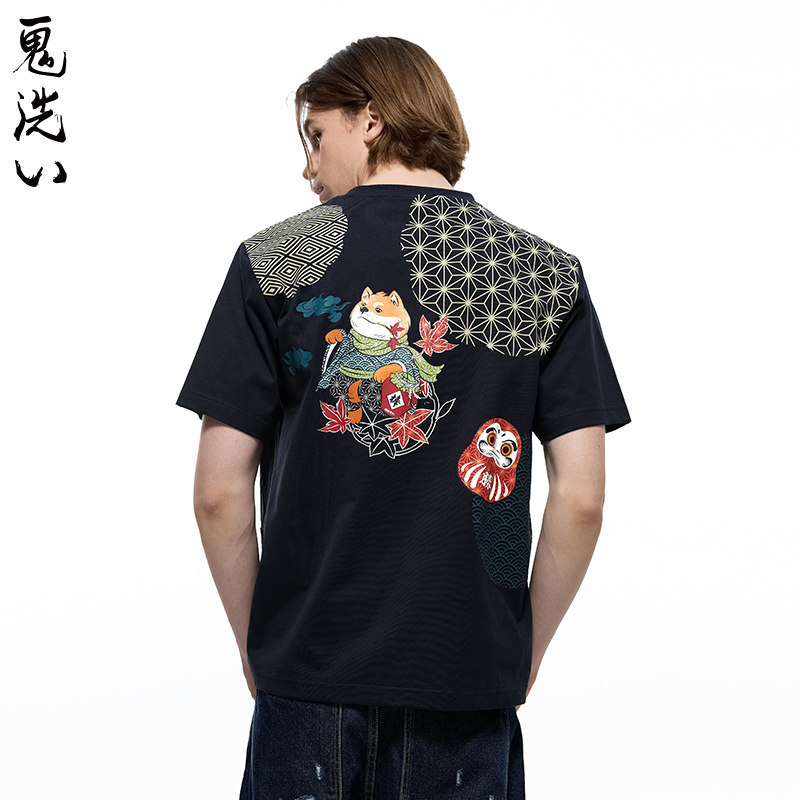 ONIARAI/鬼洗AW棒系列和柄纹样柴犬达摩男士宽松短袖T恤N840227