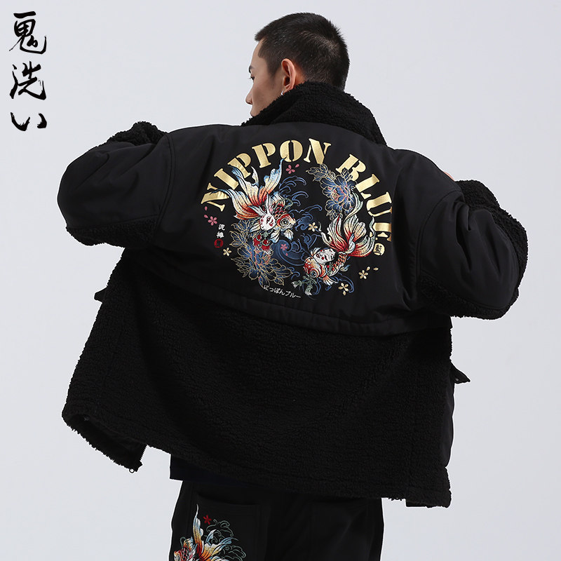oniarai鬼洗 AW潮牌泥棒蓝印绣花趣味金鱼仿羊羔绒外套 N340070