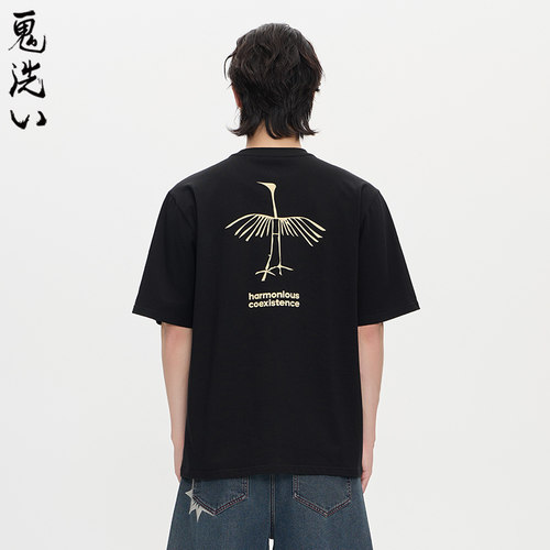 ONIARAI/鬼洗25秋季黑标古鸟图腾印花常规短T恤男式休闲 A840022