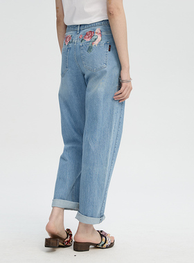 ONIARAI/鬼洗24春泥棒蓝女款玫瑰鹦鹉绣花高腰直筒牛仔裤 24N5401