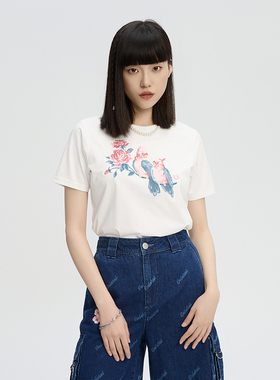 ONIARAI/鬼洗24春夏新品泥棒蓝女款玫瑰鹦鹉绣花短袖T恤 24NOB30