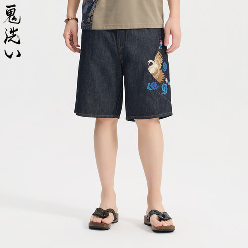 ONIARAI/鬼洗26春夏新品泥棒蓝风之卷绣花牛仔五分裤男 26N0542