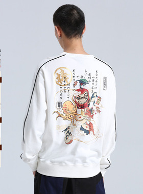 oniarai鬼洗 春季泥棒蓝趣味达摩男士圆领套头卫衣N240013