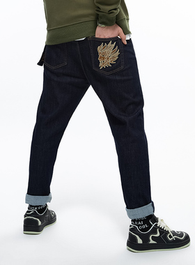 ONIARAI/鬼洗秋冬新品街头休闲男式鬼头刺绣原色牛仔裤 23B4428