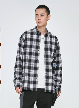 ONIARAI/鬼洗秋冬格纹休闲宽松小挂包印花衬衫 B140021男女同款