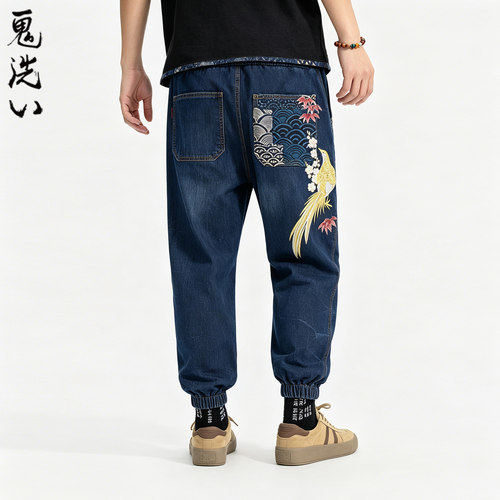 ONIARAI/鬼洗26春夏上新泥棒蓝金凤凰绣花束脚牛仔裤男式 26N7401