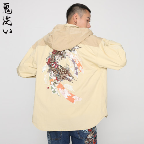 oniarai鬼洗 春夏泥棒蓝潮牌鲤鱼印绣花男士长袖衬衫男 N140017