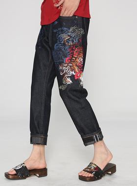 ONIARAI/鬼洗春夏泥棒蓝虎年限定印绣花男士牛仔长裤 22N5405