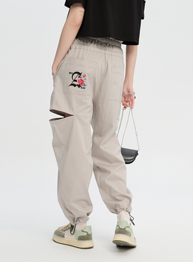 ONIARAI/鬼洗24春夏新品女款玫瑰刺绣侧开口高腰束脚裤 24B4430