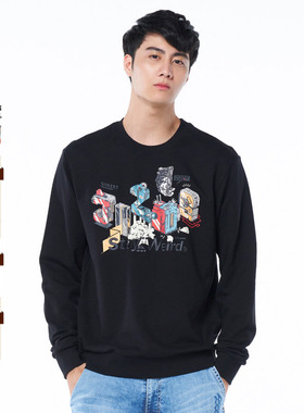 oniarai鬼洗 冬季地藏文字印绣花男士圆领套头卫衣 J250014