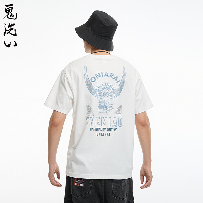 ONIARAI/鬼洗24秋冬苗族银饰牛角分割男式休闲短袖T恤 B840256