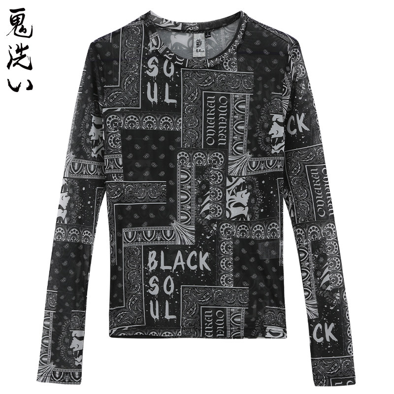 ONIARAI/鬼洗春秋新品腰果花满印网眼女士长袖T恤打底衫 B240038