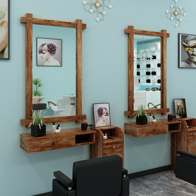实木复古理发店镜台柜子
