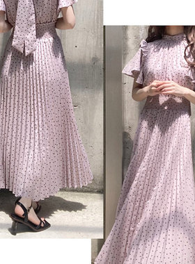 现*  花糖家 日系定制GRL甜美荷叶边波点蝴蝶结百褶连衣裙al142a