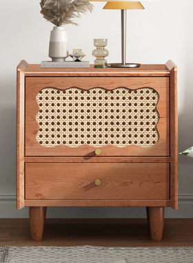 法式复古床头柜实木网红卧室置物台藤编小柜子储物柜Yp.藤编01598