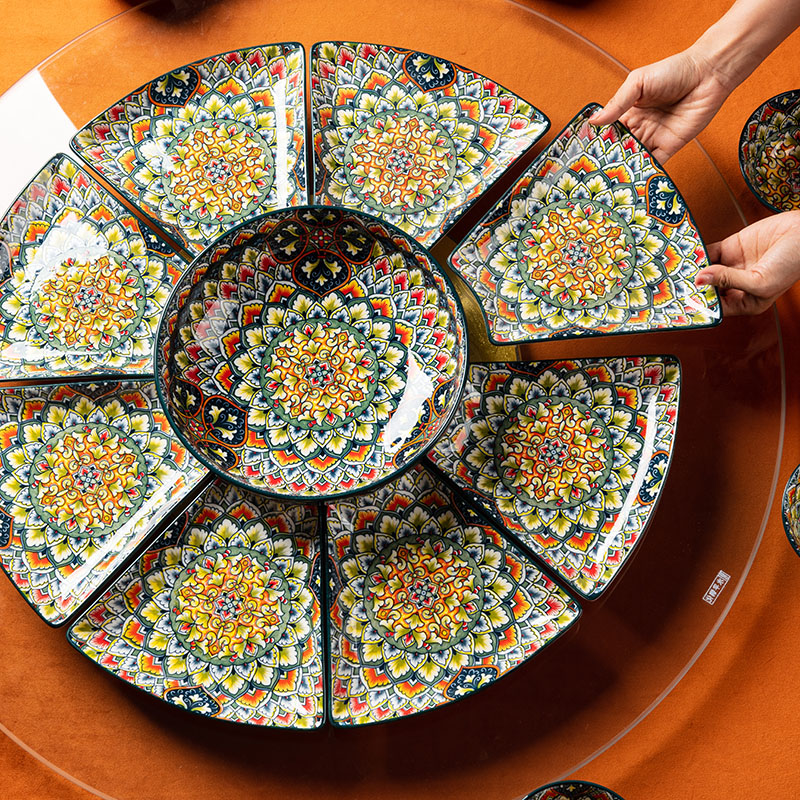 波西米亚团圆拼盘餐具组合家用菜盘子陶瓷碗碟套装过年圆桌聚餐盘