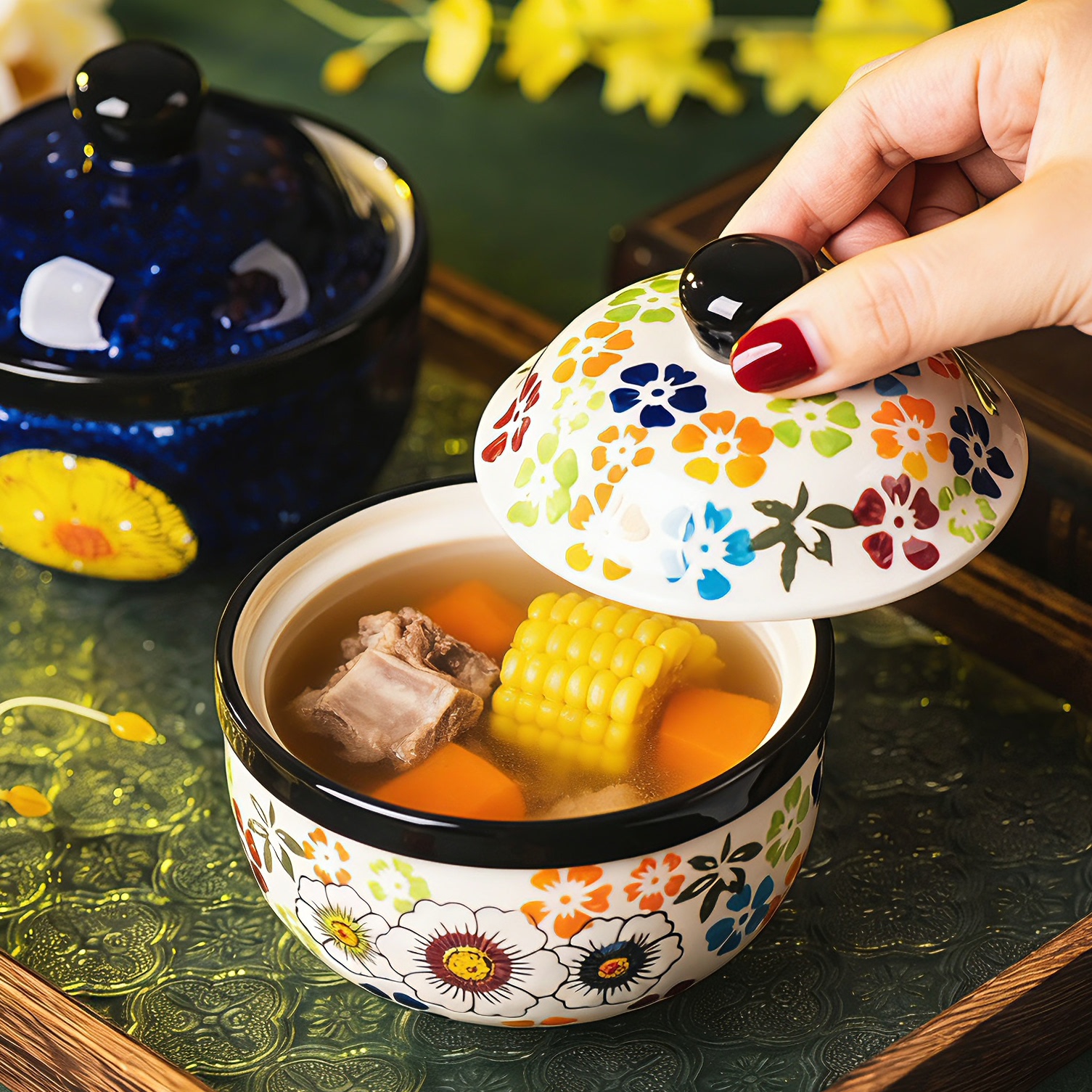 陶瓷碗家用釉下彩餐具带盖饭碗