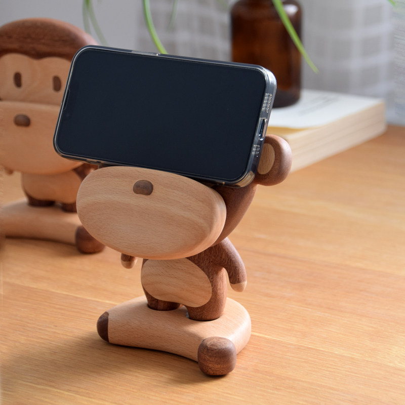 梵瀚 创意可爱手机支架小猴摆件追剧神器木质手机底座新年礼物