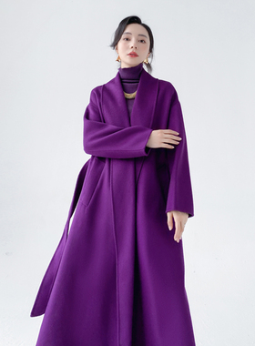 AKSAYA高级感轻奢气质紫色羊毛呢外套宽松洋气双面呢大衣女秋冬季