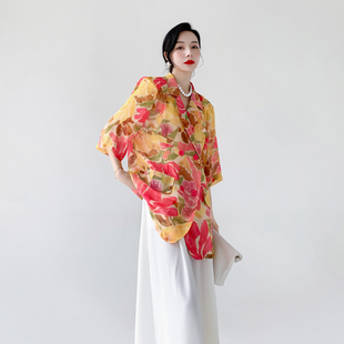 AKSAYA设计感小众港风复古印花薄款西装宽松中长款休闲上衣女夏季