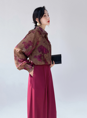 AKSAYA高级感港风复古时髦洋气紫色印花长袖衬衫气质衬衣女春秋季