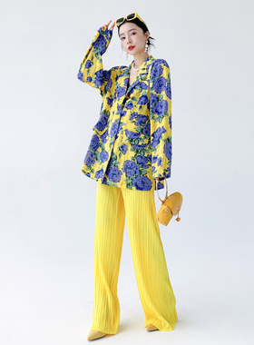 AKSAYA高级感时髦洋气炸街高腰阔腿裤亮黄色压皱休闲裤子女春秋季