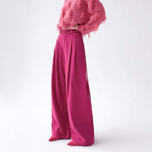 高级设计感小众玫红色休闲长裤