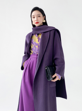 AKSAYA高端设计感中长款骆驼绒外套时髦洋气紫色双面呢大衣女秋冬