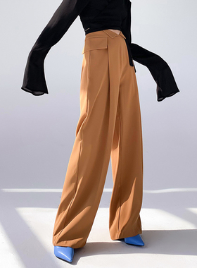 AKSAYA高级设计感小众时尚高腰长裤女直筒休闲裤垂感黄色裤子春季