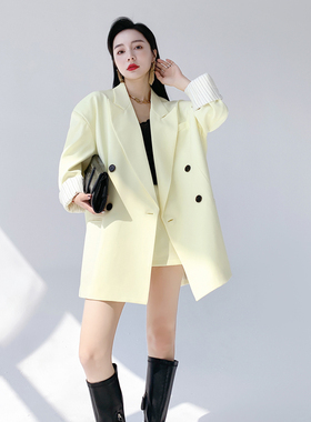 AKSAYA高级感时尚休闲淡黄色小西装外套套装短裙裤二件套女春夏季